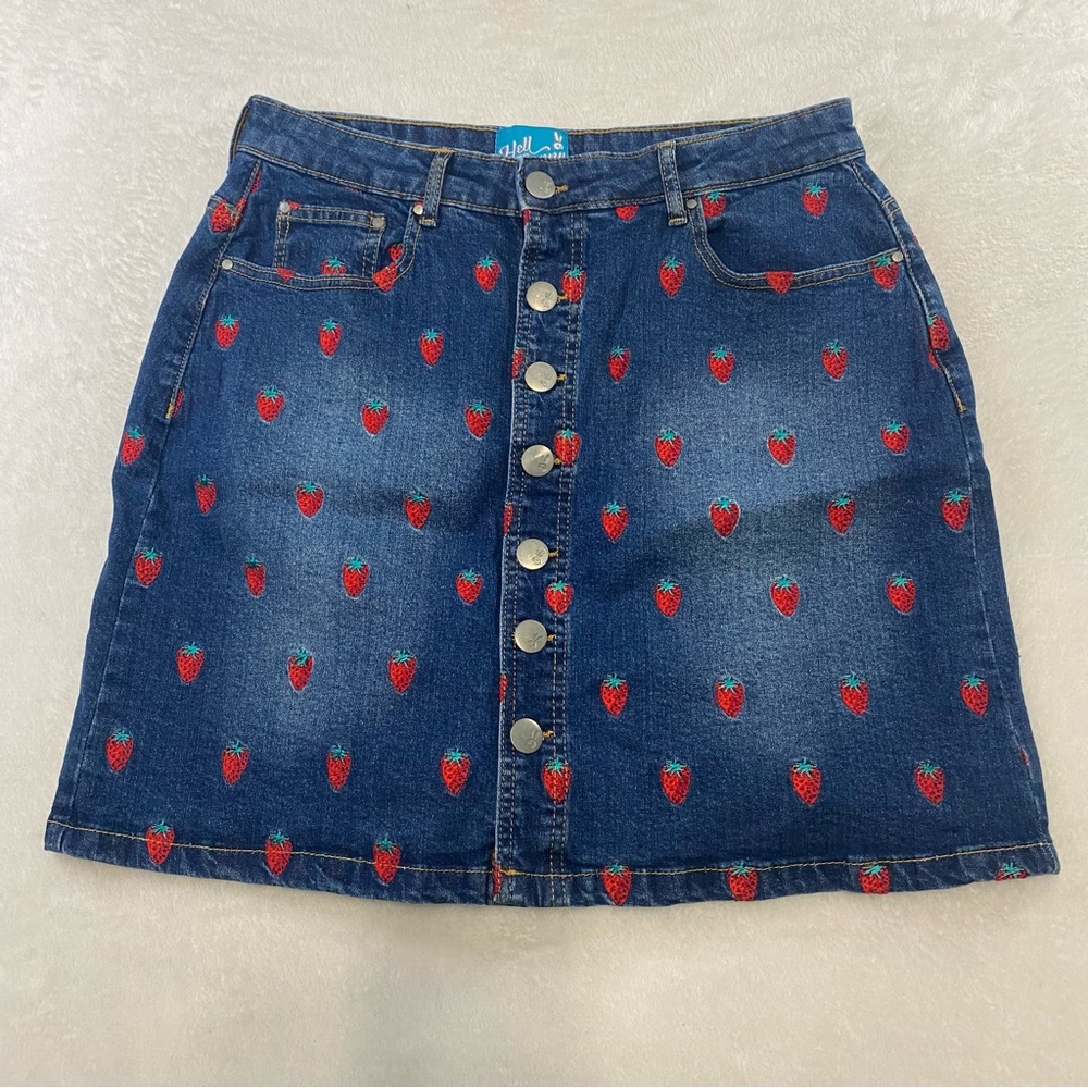 Rare Hell Bunny Embroidered Monogram Strawberry Button Up Denim Skirt Size 32